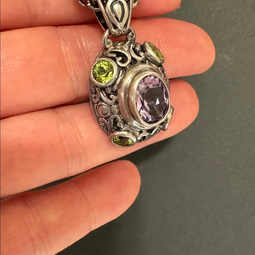 Vintage 925 Italy Amethyst Peridot Filigree Necklace 18